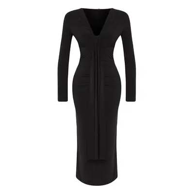 Trendyol Black Body-fitting V-Neck Knitted Chic Dress