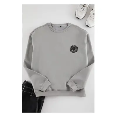 Trendyol Grey Oversize/Wide Cut Floral Embroidered Fleece Inside Cotton Sweatshirt