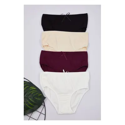 Trendyol Claret Red-Multicolored 4-Pack Cotton Ribbon/Bow Detailed Hipster Knitted Panties