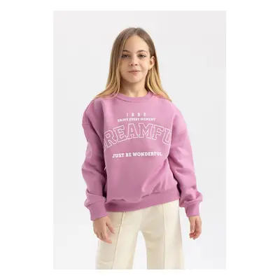 DEFACTO Girl's Printed Crew Neck Thick Sweatshirt with Soft Furry Inside