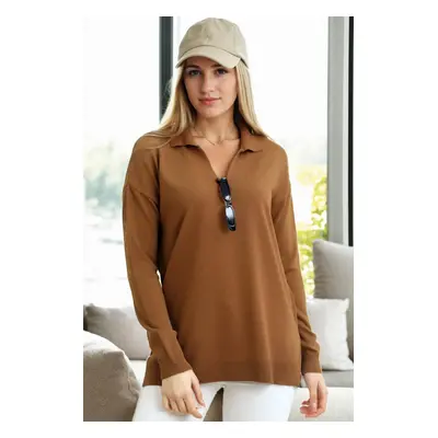 83295 Dewberry Polo Neck Long Sleeve Slit Sweater-BROWN