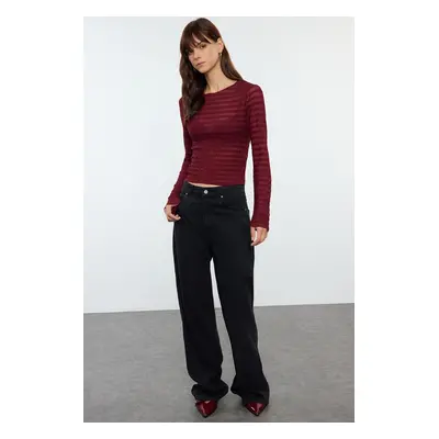 Trendyol Burgundy Fitted Textured Tulle Stretchy Knitted Blouse