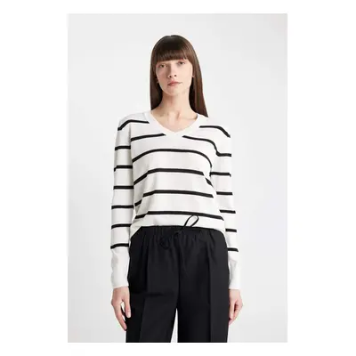 DEFACTO Relax Fit V Neck Soft Texture Striped Basic Plain Knitwear Sweater