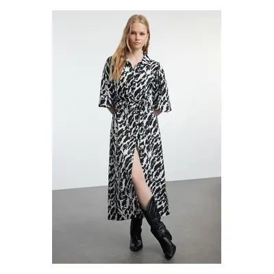 Trendyol Black Animal Printed Belted Wrap/Textured Maxi Knitted Shirt Dress