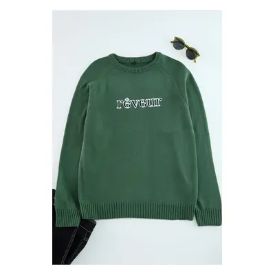 Trendyol Green Regular Crew Neck Slogan Knitwear Sweater