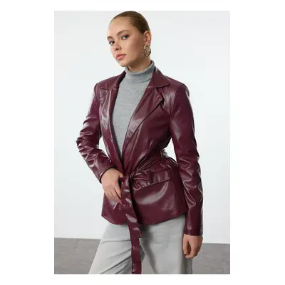 Trendyol Claret Red Faux Leather Belted Blazer Jacket