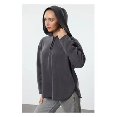 Trendyol Anthracite Thick Polar Fleece Hooded and Zippered Oversize/Wide Pattern Knitted Sweatsh