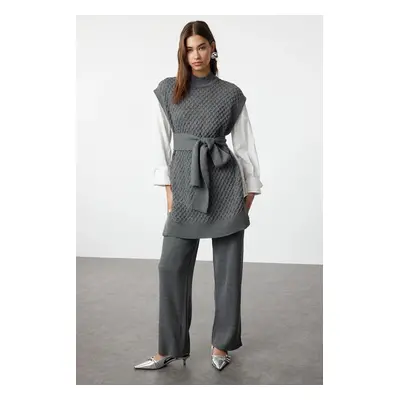 Trendyol Anthracite Belted Brass Knitted Sweater-Pants Knitwear Bottom-Top Set