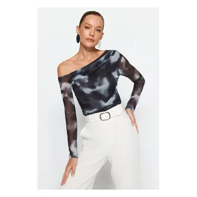 Trendyol Anthracite Tulle Fitted/Fits on the Body Lined Asymmetrical Collar Blouse