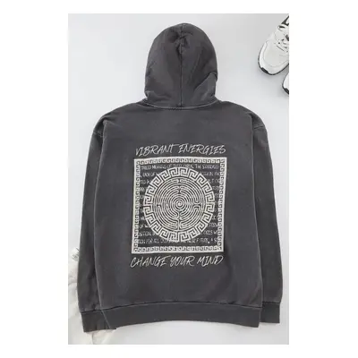 Trendyol Anthracite Oversize/Wide Cut Text Back Printed Hooded Faded Effect Sweatshirt