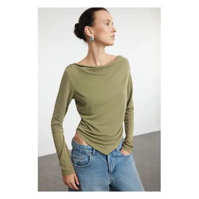 Trendyol Green Modal Fabric Lace Collar Draped Padded Asymmetrical Knitted Blouse