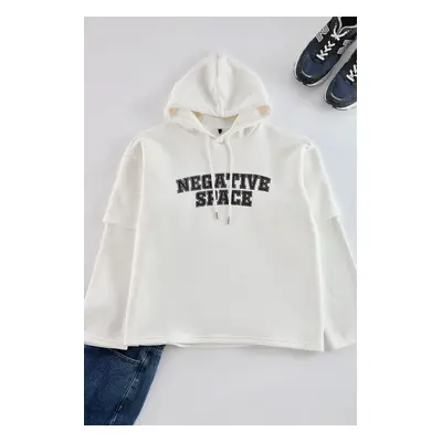 Trendyol Black Oversize/Wide Cut Double Sleeve Text Printed Hooded Sweatshirt