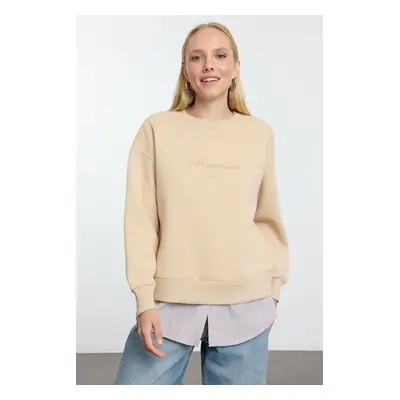 Trendyol Beige Slogan Printed and Poplin Detailed Relaxed/Comfortable Pattern Knitted Sweatshirt