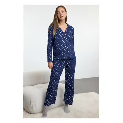 Trendyol Navy Blue 100% Cotton Leaf Star Patterned Knitted Pajama Set