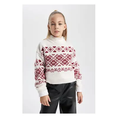 DEFACTO Girl's New Year Themed Crew Neck Knitted Sweater