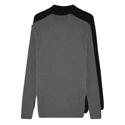 Trendyol Black-Grey Men's Fitted Cotton Half Turtleneck Plain Knitwear Sweater