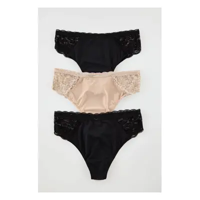 Trendyol Curve Black-Ecru-Skin 3-Pack Micro Lace Soft Plus Size Panties