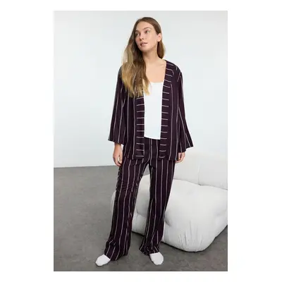 Trendyol Dark Plum 3-Pack Striped Viscose Woven Pajama Set