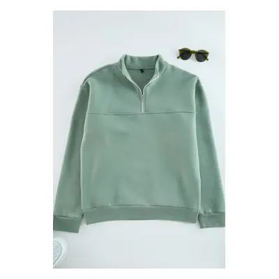 Trendyol Mint Oversize/Wide Cut Stand Collar Zippered Inside Polar Fleece/Warm Basic Sweatshirt