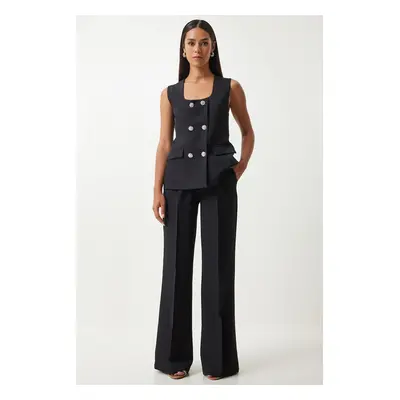 Happiness İstanbul Women's Black Square Collar Woven Vest Trousers Suit