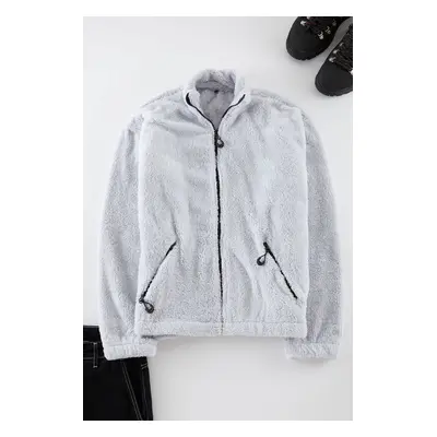 Trendyol Grey Oversize/Wide Cut Zipper Pocket Couple Plush Sweatshirt