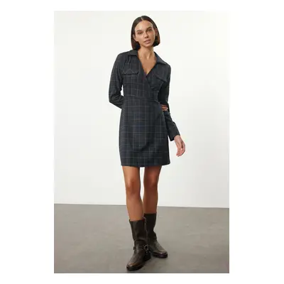 Trendyol Anthracite Plaid A-Line Double Breasted Collar Mini Winter Woven Dress