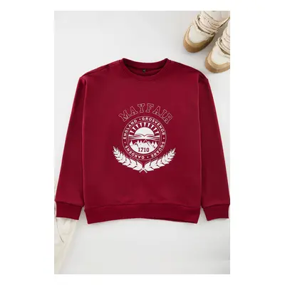 Trendyol Claret Red Oversize/Wide Cut Crew Neck College Printed Sweatshirt