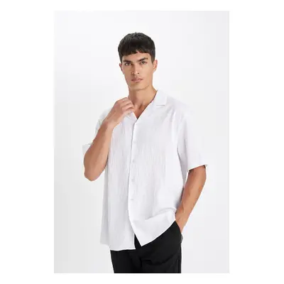 DEFACTO White Relax Fit Relaxed Fit Polo Collar Crinkle Short Sleeve Shirt