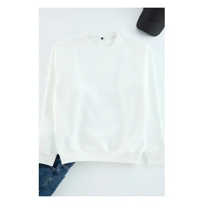 Trendyol Ecru Oversize/Wide Cut Cotton Basic Thick Sweatshirt with Polar Fleece Inside