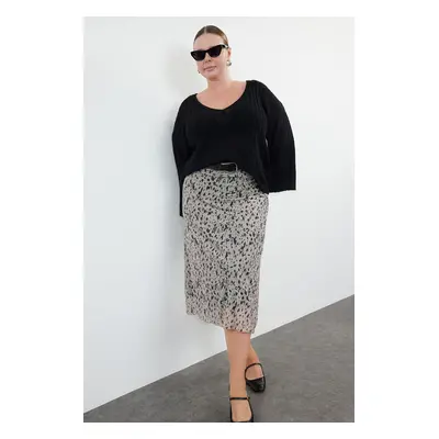 Trendyol Curve Beige Animal Patterned Knitted Plus Size Skirt