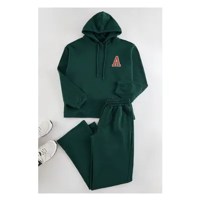 Trendyol Emerald Green Oversize/Wide Cut Hooded Letter Embroidered Tracksuit Set