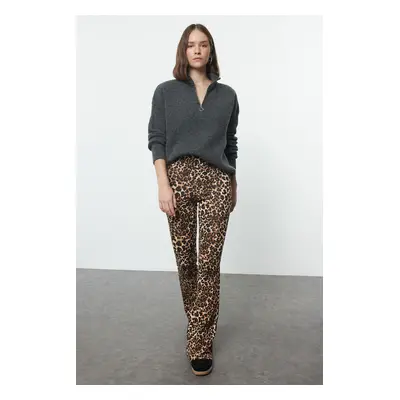 Trendyol Brown Leopard Print Flare/Wide Leg High Waist Trousers