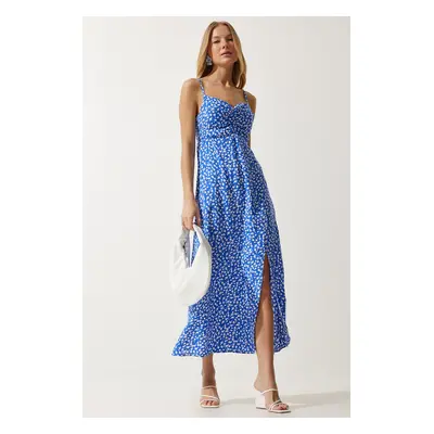 Happiness İstanbul Women's Blue Strap Patterned Viscose Dress