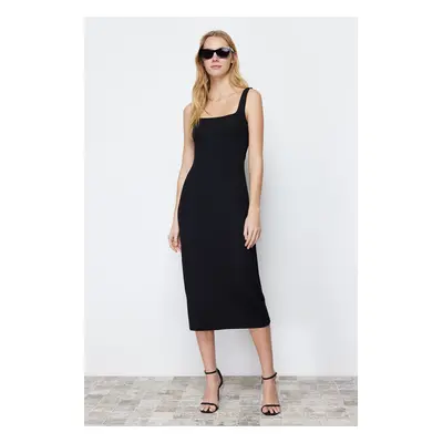 Trendyol Black Strap Square Neck Fitted Fitted Flexible Midi Knitted Pencil Dress