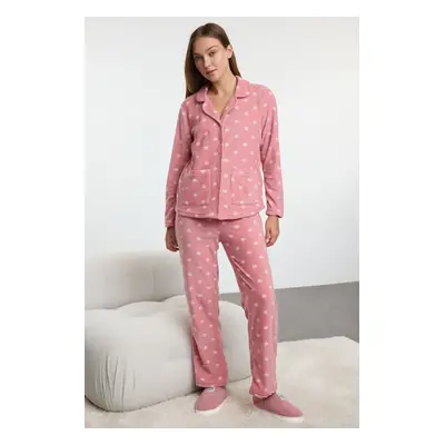 Trendyol Dried Rose Winter Themed Pocketed Fleece Winter Knitted Pajamas Set