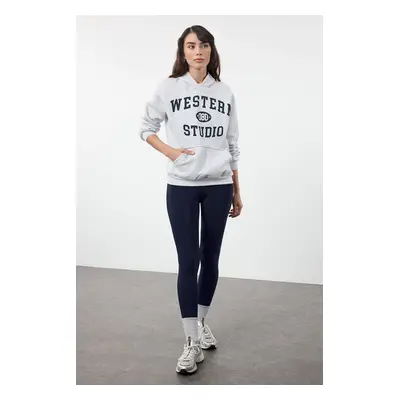 Trendyol Grey Melange Thick Polar Fleece Hooded Kangaroo Pocket Slogan Printed Knitted Sweatshir