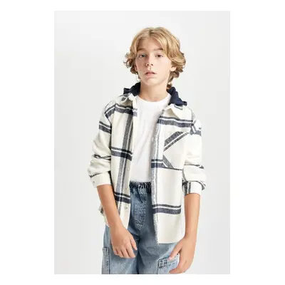 DEFACTO Boy Oversize Wide Pattern Checkered Hooded Flannel Long Sleeve Shirt