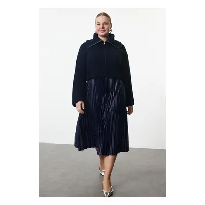 Trendyol Curve Navy Blue Elastic Elastic Waist Pleated Woven Plus Size Skirt