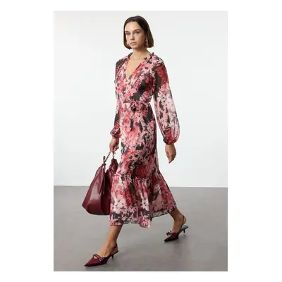 Trendyol Pink Belted Floral Midi Skirt Flounce Lined Woven Dress