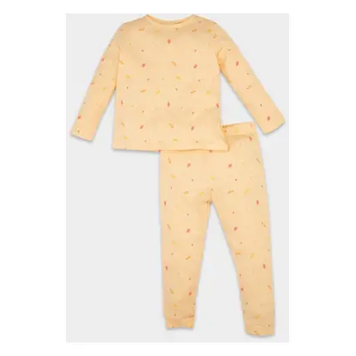 DEFACTO Baby Girl Pajama Set Food Printed Waffle Long Sleeve Top Long Bottom