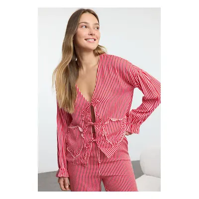 Trendyol Red Striped Ribbon/Bow/Tie Detail Viscose Woven Pajamas Set