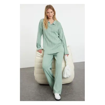 Trendyol Mint Corded Knitted Polo Neck Knitwear Top-Top Set