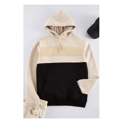 Trendyol Brown Oversize/Wide Cut Color Block Fleece Inside Hooded Sweatshirt