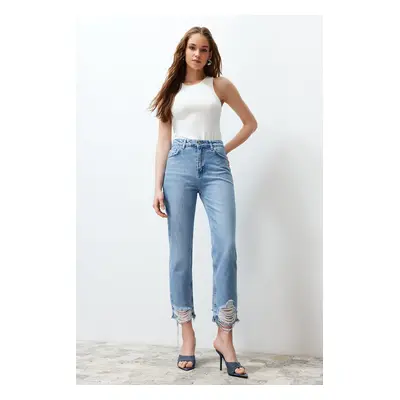 Trendyol Blue Ripped High Waist Straight Jeans