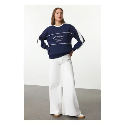 Trendyol Navy Blue Slogan Printed Oversize/Wide Pattern Thick Inside Polar Fleece Knitted Sweats