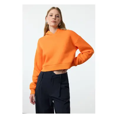 Trendyol Orange Thick Fleece Hooded Relaxed Cut Crop Knitted Sweatshirt