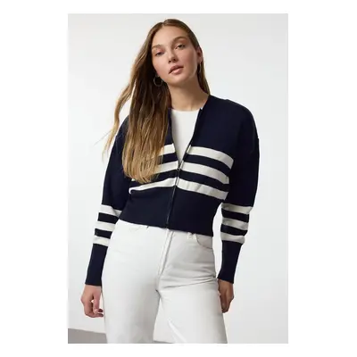 Trendyol Navy Blue Hooded Zippered Knitwear Cardigan