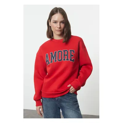 Trendyol Red Thick Fleece Inside Oversize/Wide Cut Slogan Embroidered Knitted Sweatshirt