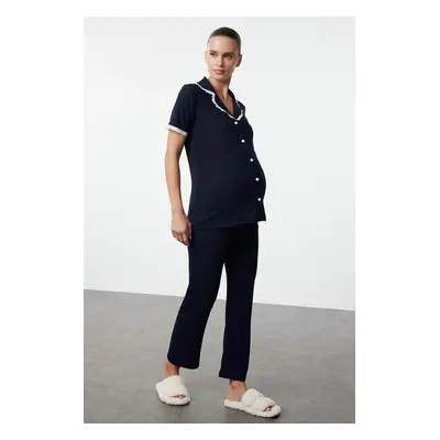 Trendyol Navy Blue Corduroy Shirt Collar Lace Knitted Maternity & Pregnant Pajamas Set