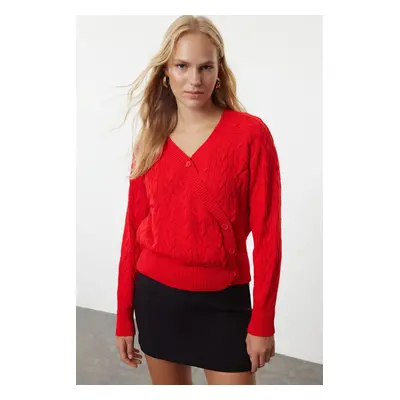 Trendyol Red Asymmetric Button Detailed Knitwear Cardigan